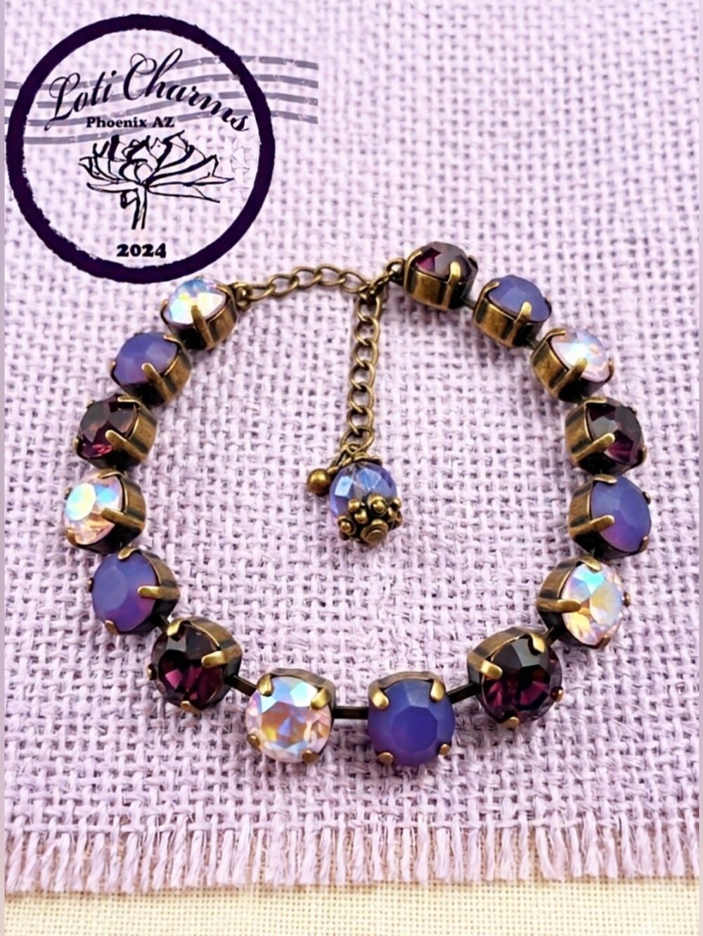 Amethyst Opal & Lavender Swarovski Crystals In Classic Tennis Bracelet In Brass
